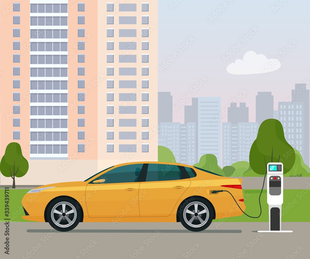 Electric car sedan in a city. Electric car is charging, side view. Vector flat style illustration.