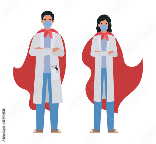woman and man doctors heroes with capes against 2019 ncov virus vector design