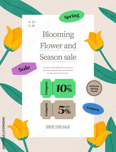 Spring season sale. Coupon web page of flower illustration. Flower frame vector illustration.
