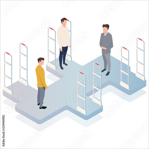 People go through anti-theft sensor gates. Security system detect barcode and notify. Isometric, illustration, vector.