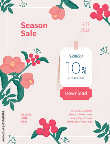 Spring season sale. Coupon web page of flower illustration. Flower frame vector illustration.
