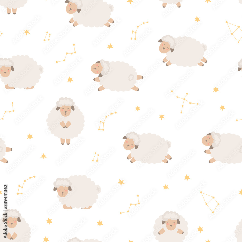Seamless pattern with cute sheep flying in the starry sky. Background for baby. Vector illustration.