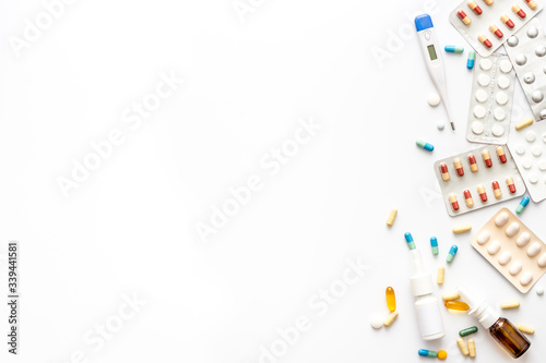 Pharmacy - pills, tablets - flu, cold health care. on white background from above copy space