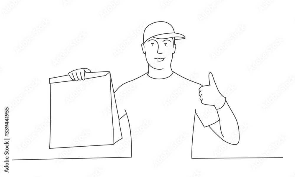 Delivery man with paper bag and showing ok gesture. Line drawing vector illustration.