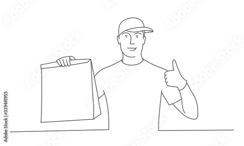 Delivery man with paper bag and showing ok gesture. Line drawing vector illustration.