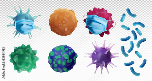 Virus disease. Abstract background virus and Medical mask. World pandemic. Bacteria, microbes fungi. Danger to a living organism. Medical mask virus protection. Vector illustration.