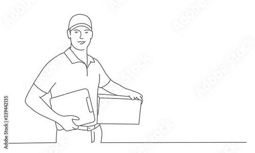Delivery man with parcel post box and clipboard. Line drawing vector illustration
