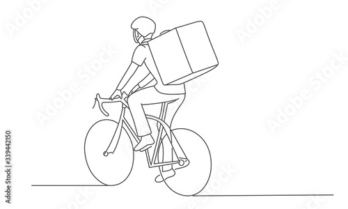 Line drawing vector illustration of delivery man on the bike.