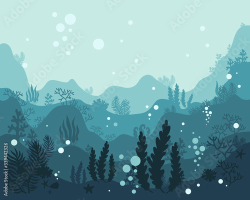 background underwater world, sea ocean, fish animals, algae and coral reefs, vector illustration