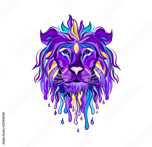 Lion head tattoo.  Abstract, multi-colored portrait of a lion's head on a white background in pop-art style. Wall stickers