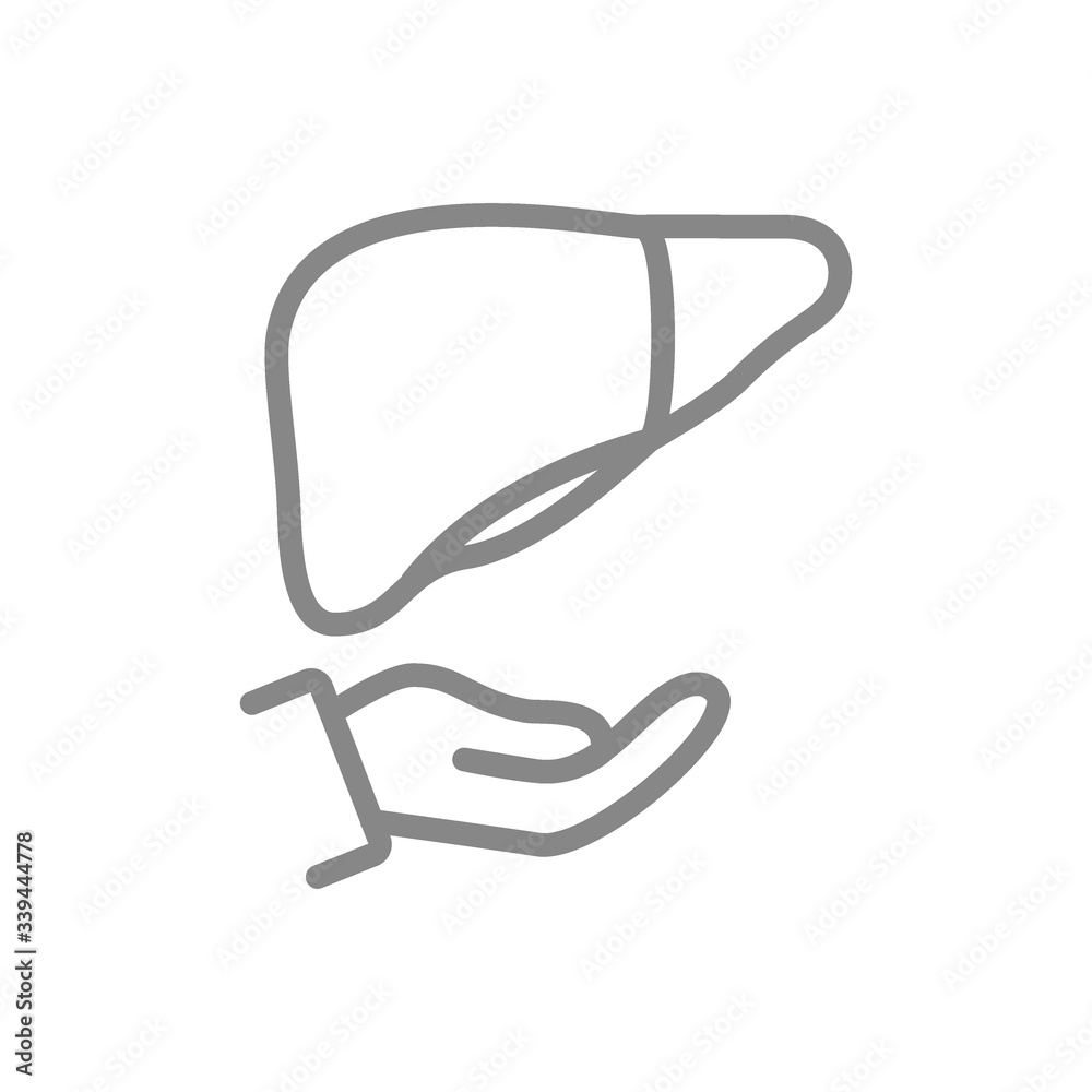 Liver on hand line icon. Human organ treatment, disease prevention symbol Liver on hand line icon. Human organ treatment, disease prevention symbol