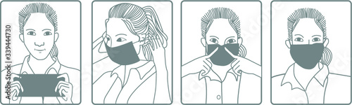 Illustration of how to wear medical mask. Flat design illustration. Pictogram.