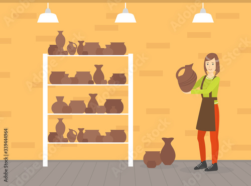 Female Ceramists Making Ceramic Pots at Pottery Workshop, Creative People Profession or Hobby Vector Illustration