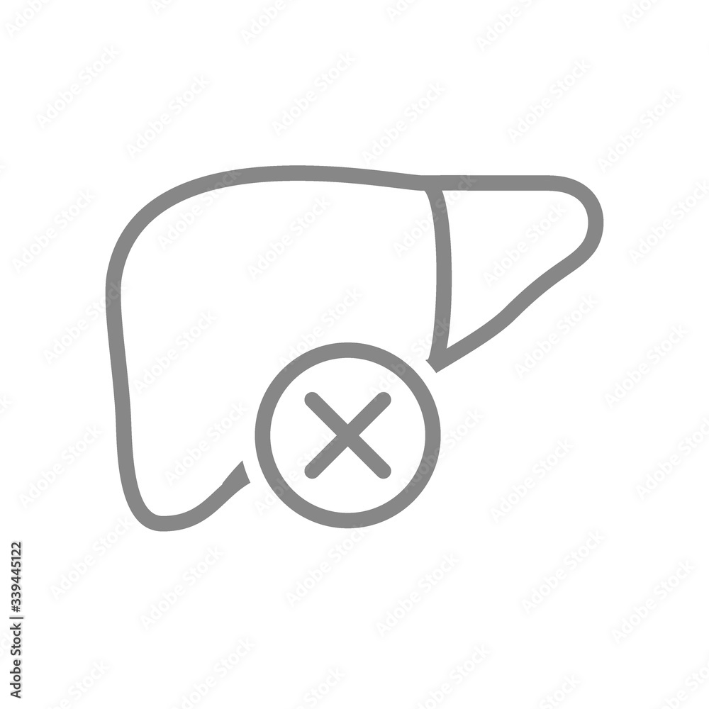 Liver with cross checkmark line icon. Diseased internal organ symbol Liver with cross checkmark line icon. Diseased internal organ symbol