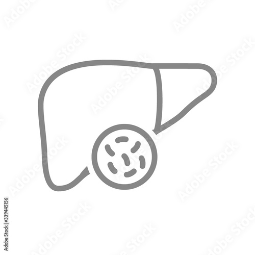 Liver with bacteria line icon. Diseased internal organ, cirrhosis, hepatitis A, B, C, D symbol