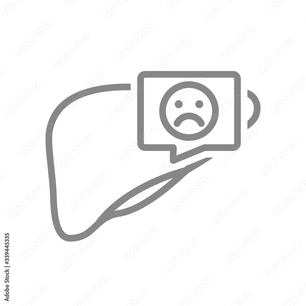 Liver with sad face in speech bubble line icon. Diseased digestive organ symbol Liver with sad face in speech bubble line icon. Diseased digestive organ symbol