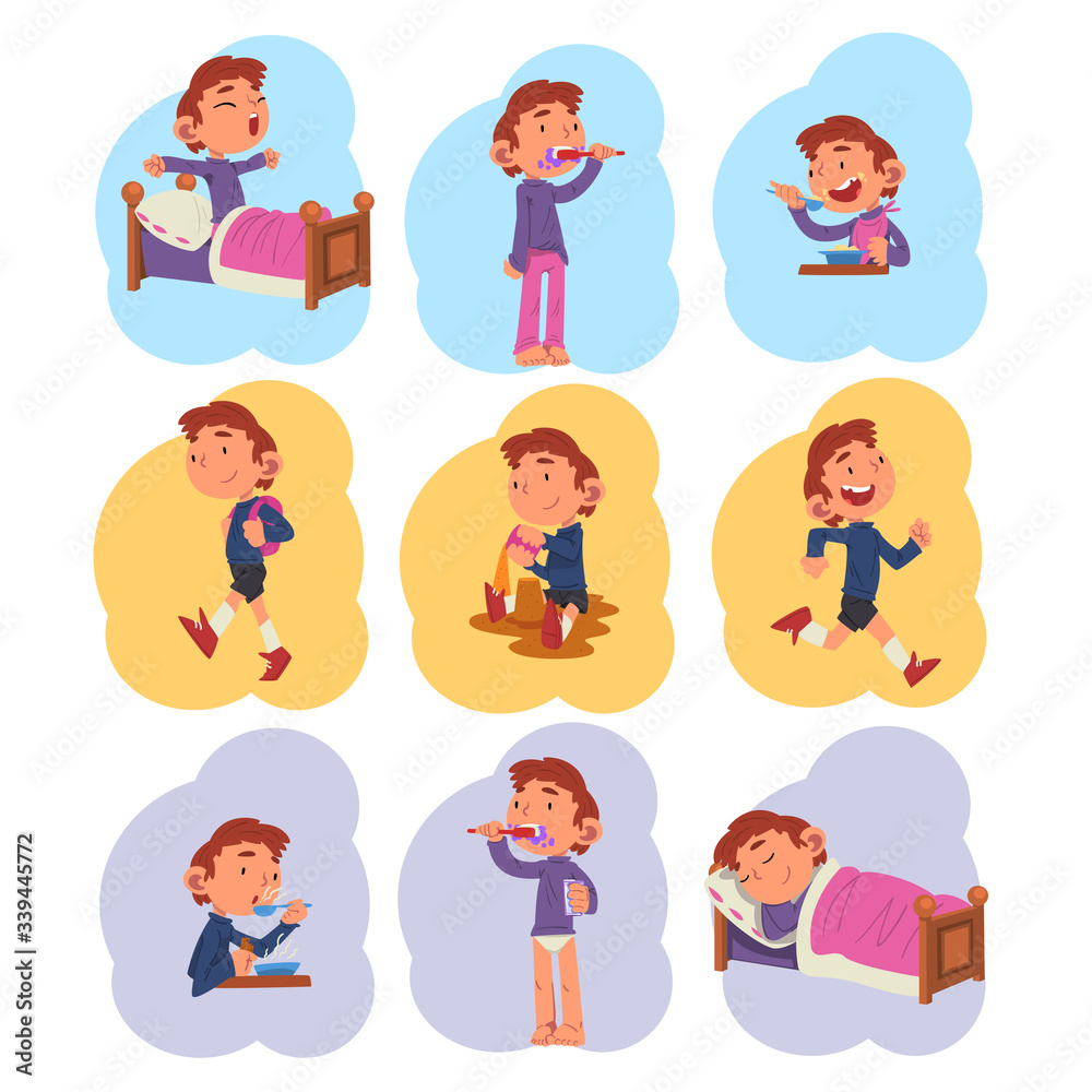 Preschool Kid Daily Routine Activities Collection, Cute Boy Waking Up, Brushing his Teeth, Eating, Playing, Sleeping at Night Cartoon Vector Illustration Preschool Kid Daily Routine Activities Collection, Cute Boy Waking Up, Brushing his Teeth, Eating, Playing, Sleeping at Night Cartoon Vector Illustration