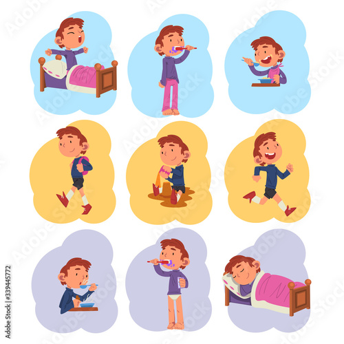 Preschool Kid Daily Routine Activities Collection, Cute Boy Waking Up, Brushing his Teeth, Eating, Playing, Sleeping at Night Cartoon Vector Illustration