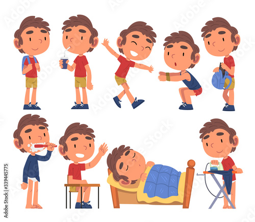Schoolboy Daily Routine Activities Collection, Cute Boy Waking Up, Brushing his Teeth, Eating, Studying, Sleeping at Night Cartoon Vector Illustration
