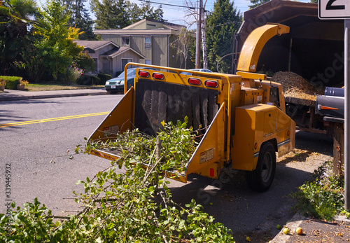Wood chipper while chopping branches. Cleaning works in the suburbs. photo