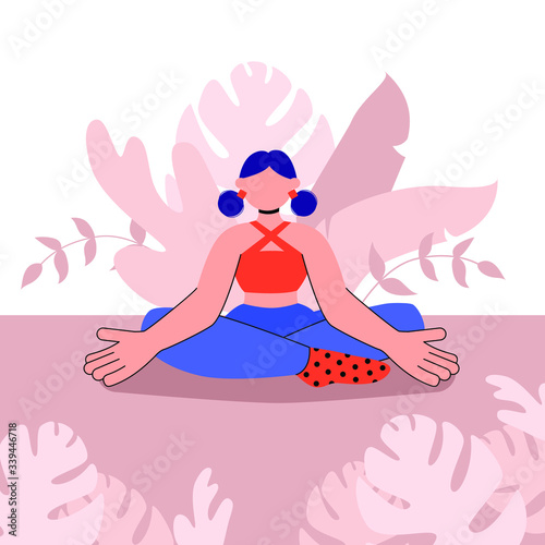 Beautiful girl practices yoga and fitness at home. Stay home illustration in cartoon style. Healthcare concept. Fears of getting coronavirus. Global viral epidemic or pandemic.