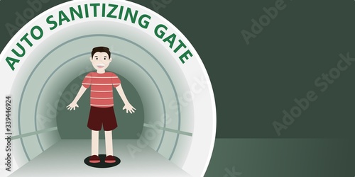 The man walked out of Auto sanitizing gate. corona virus, covid-19. vector illustration.