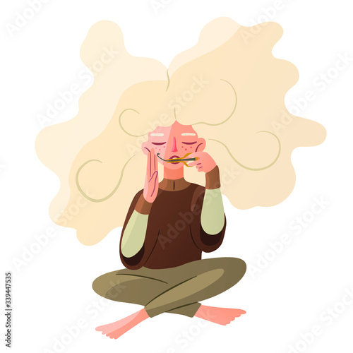 A cute girl with long hair sits in a lotus position and plays on a jaw harp. Vector colored isolated character in a trance while playing a musical instrument. Calmness, concentration, pacification.