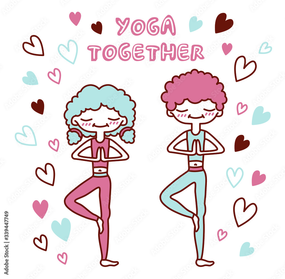 Vector isolated illustration with cute people in a tree pose surrounded by hearts. Loving couple doing yoga. Lettering yoga together. Picture for cards, cards, sites for yoga. Printable. Vector isolated illustration with cute people in a tree pose surrounded by hearts. Loving couple doing yoga. Lettering yoga together. Picture for cards, cards, sites for yoga. Printable.