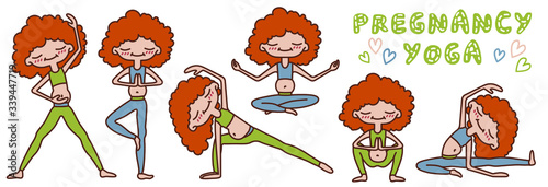 Vector isolated set of characters a pregnant mom in leggings and a tank top performs different yoga poses. The inscription behemoth yoga. Illustration for website design, blog, postcards. 