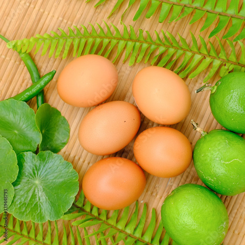 Close-up view of raw chicken eggs, Lime and Indian pennywort with green fern leaf on background