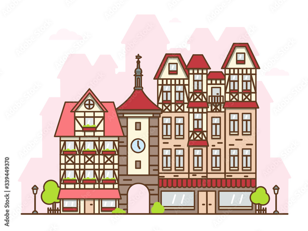 Vector isolated illustration of a street of a German city in flat style. Street with historical gothic architecture and attractions. Chapel with an arch, boutiques and shops. Travel to Europe