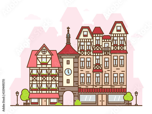 Vector isolated illustration of a street of a German city in flat style. Street with historical gothic architecture and attractions. Chapel with an arch, boutiques and shops. Travel to Europe © Диана Благородная