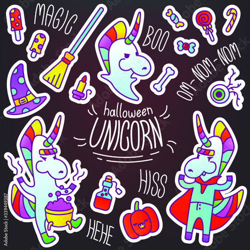 Stylish vector stickers in the halloween theme with a unicorn. A set of Halloween paraphernalia and several creepy images: a vampire, a sorcerer, a ghost. Rainbow pictures for decorating a diary.