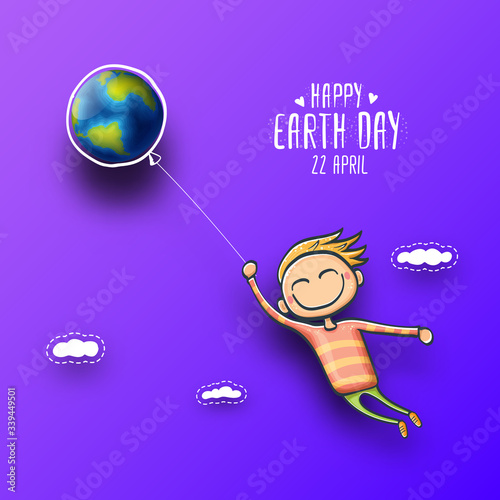 Cartoon earth day illustration or banner with little cute boy character holding in hands baloon with earth globe. Vector World earth day concept poster illustration with planet Earth and funny child