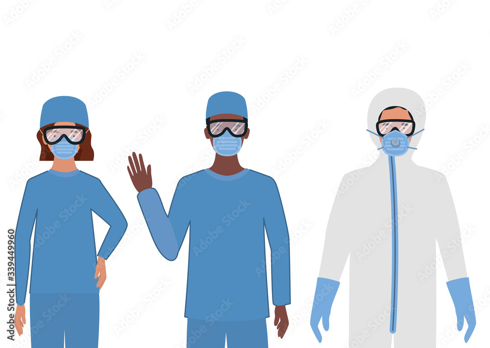 Doctors with protective suits glasses and masks against Covid 19 vector design Doctors with protective suits glasses and masks against Covid 19 vector design