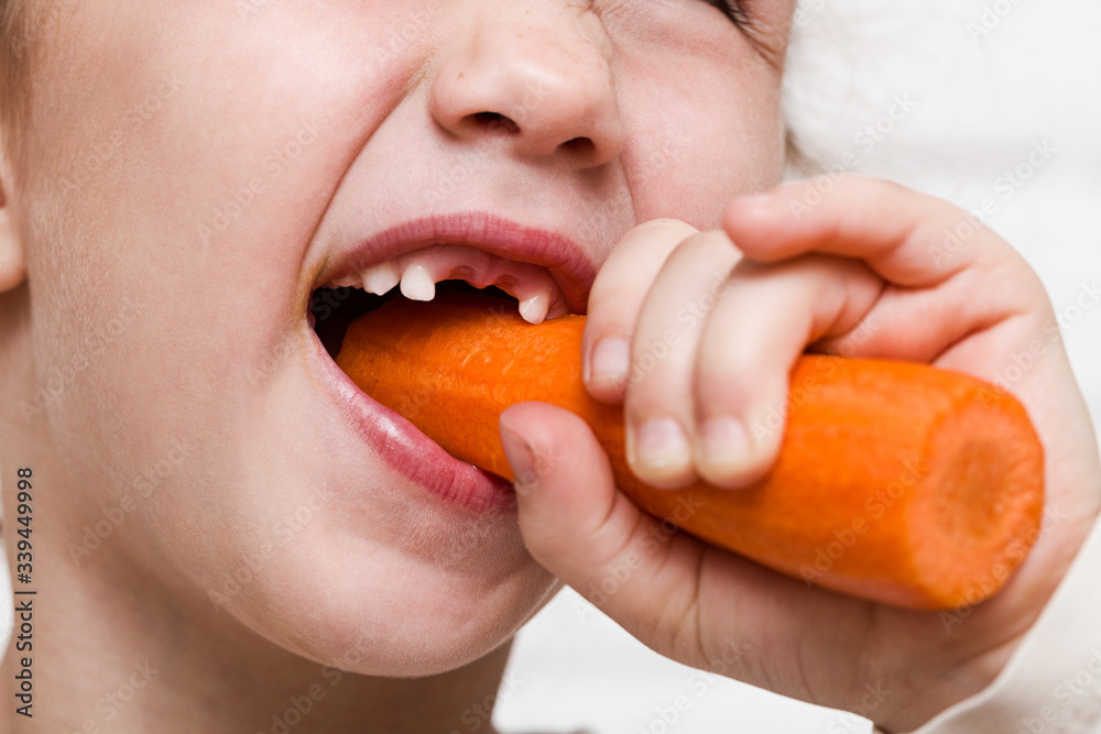 Girl with no milk teeth biting carrot closeup Girl with no milk teeth biting carrot closeup