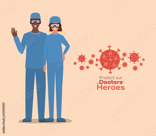 Woman and man doctors heroes with uniforms and glasses against 2019 ncov virus vector design