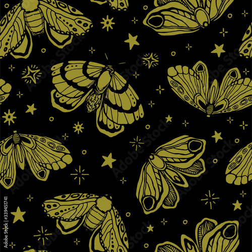 seamless vector pattern. gold butterflies and stars on black background. for textiles, office, wallpaper