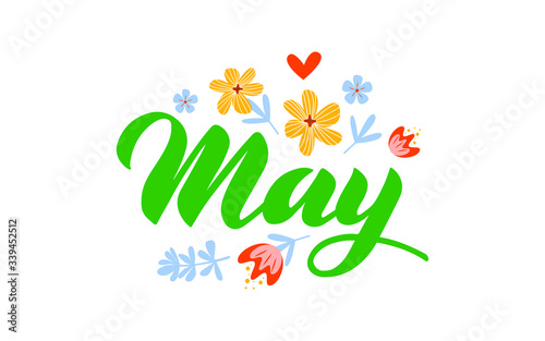 May - Hand drawn lettering month name. Handwritten month May for calendar, monthly logo, bullet journal or monthly organizer. Vector illustration isolated on white. EPS 10
