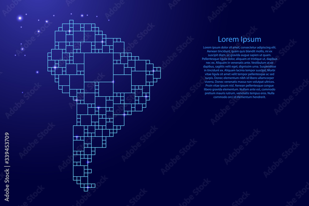 Fototapeta premium South America map from blue pattern from a grid of squares of different sizes and glowing space stars. Vector illustration.