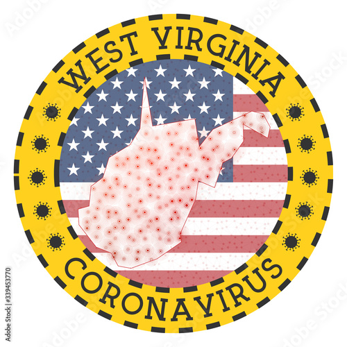 Coronavirus in West Virginia sign. Round badge with shape of West Virginia. Yellow US state lockdown emblem with title and virus signs. Vector illustration.