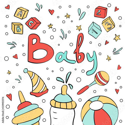 Invite to baby party vector card design with lettering.