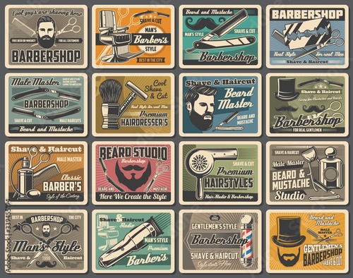 Barbershop mustaches and beard shave, hairdressing salon retro posters. Barber chair and pole signage, hairdresser scissors and gentleman hat, razors, shaving brush and hair dryer