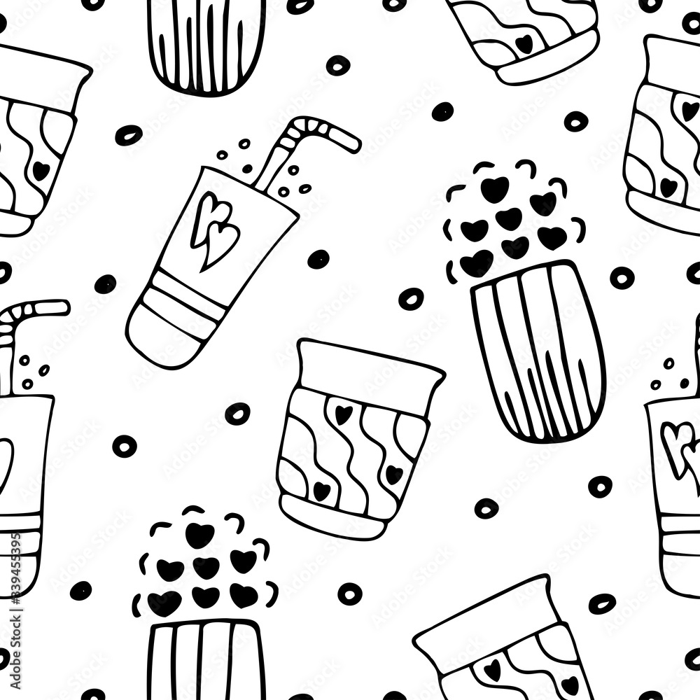 Fototapeta Seamless pattern cocktail cups with hearts on white background. Doodle, simple outline illustration. It can be used for decoration of textile, paper and other surfaces.