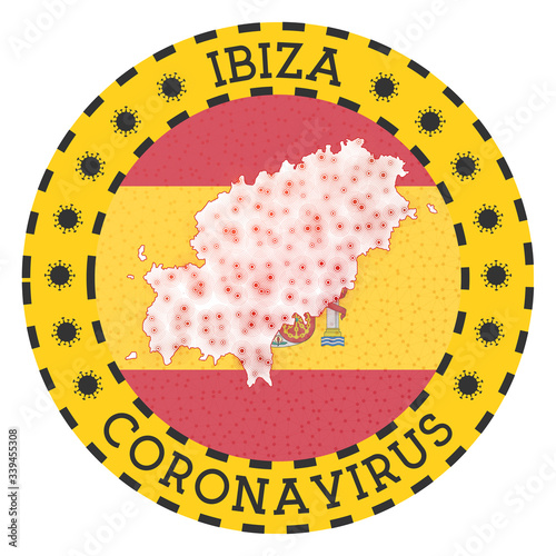Coronavirus in Ibiza sign. Round badge with shape of Ibiza. Yellow island lockdown emblem with title and virus signs. Vector illustration.