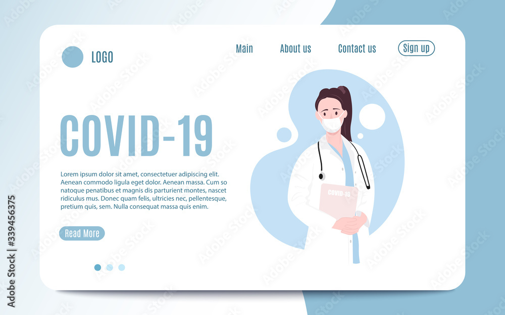 Woman female doctor landing page hero. Anti virus concept, corona virus, NCoV 19. Flat nurse wearing a mask fighting illustration design for a landing page.Covid-19 Vector illustration