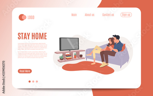 Stay at home. Young couple watch tv together. Happy man and woman sitting on couch and watching television show. Family movie night, lovers character home relax and watch video. Vector illustration