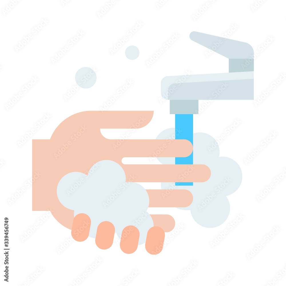 wash hand or hygiene related hand with soap bubbles and water faucet with pouring water vector in flat style, wash hand or hygiene related hand with soap bubbles and water faucet with pouring water vector in flat style,