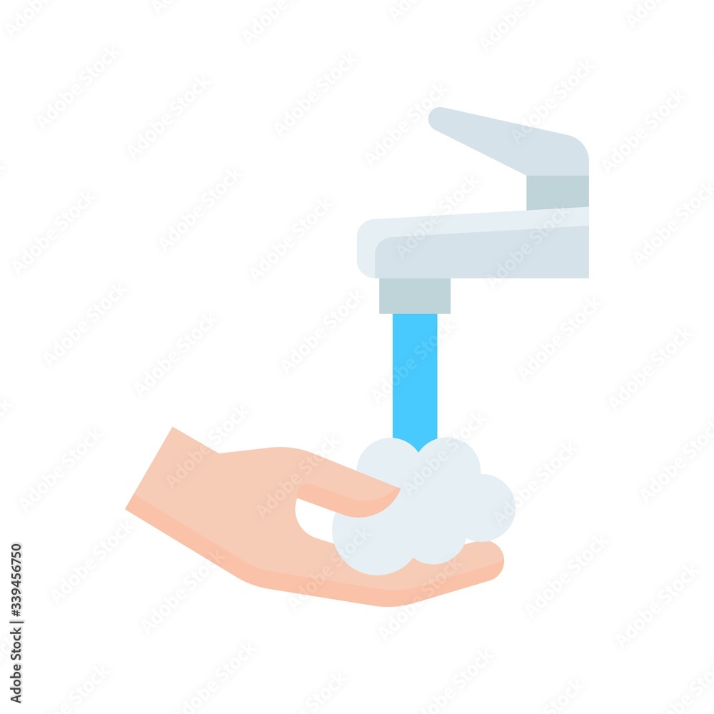 wash hand or hygiene related hand with water bubbles and water faucet with handle vector in flat style, wash hand or hygiene related hand with water bubbles and water faucet with handle vector in flat style,