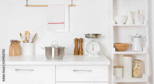 Cooking concept, kitchen counter with various kitchenware and food ingredients